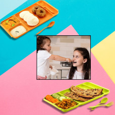 4Compartment Dish with Spoon and Fork(1 Dish Set with 1Spoon and 1Fork) Dinner Plate Plastic Compartment Plate Pav Bhaji Plate 4-Compartments Divided Plastic Food Plate.