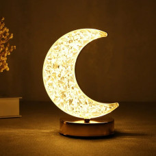 Crystal Table Lamp | Moon Shape Touch Control Lamp with 3 Color | Metal Bedside Lamp for Kids Bedroom Romantic Desktop Nightstand | Stepless Dimming USB Charging Touch Night Light