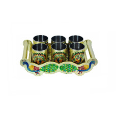 Peacock Design Glass with Handle and Handicraft Serving Tray Set